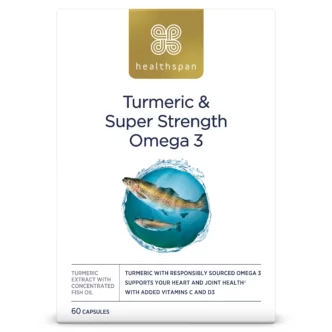 Healthspan Turmeric Omega 3 Capsules contain high-quality turmeric extract, responsibly sourced omega-3 fish oil with added vitamins C and D3.