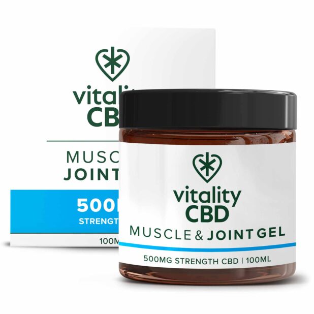 vitality cbd muscle joint gel 500mg 100ml box and jar